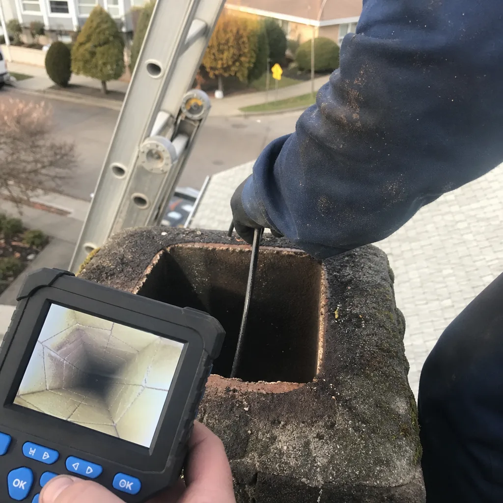 Technician using a chimney inspection camera for a professional roof evaluation