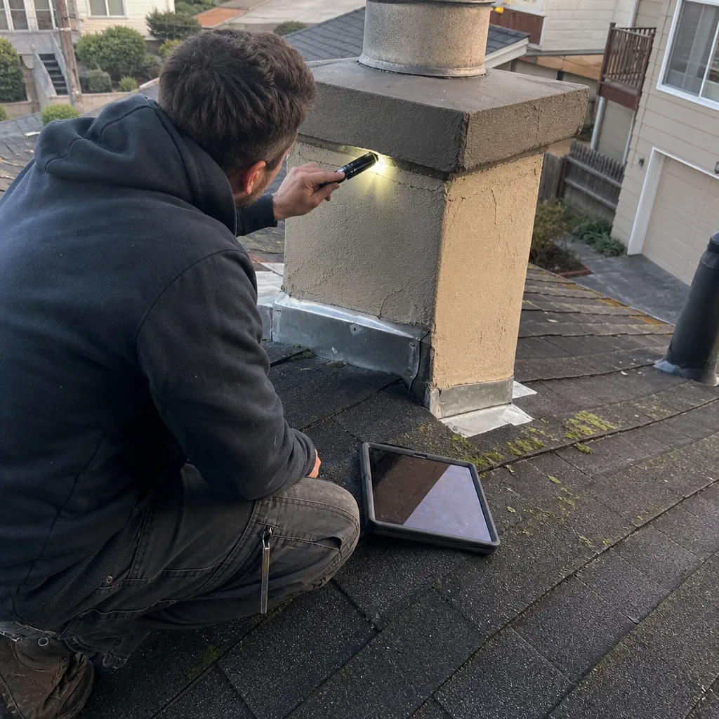 Professional chimney inspector checking stucco chimney on residential roof