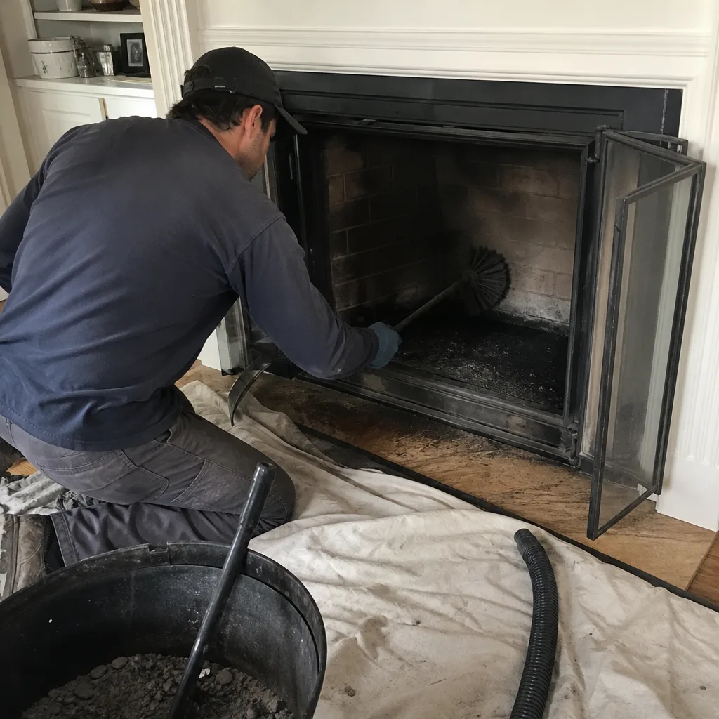 Professional chimney sweep cleaning soot from a fireplace with a brush