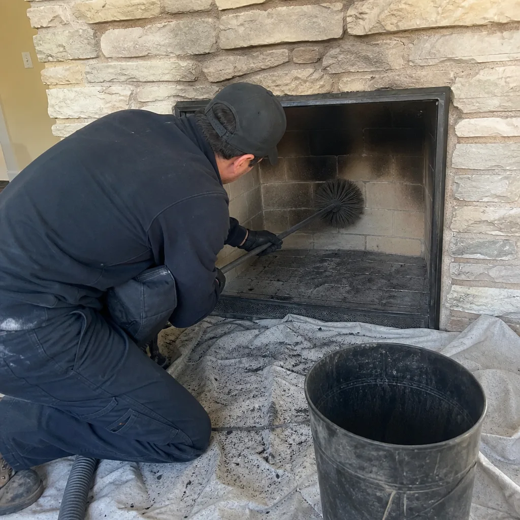 Professional chimney sweep cleaning soot from the inside of a fireplace