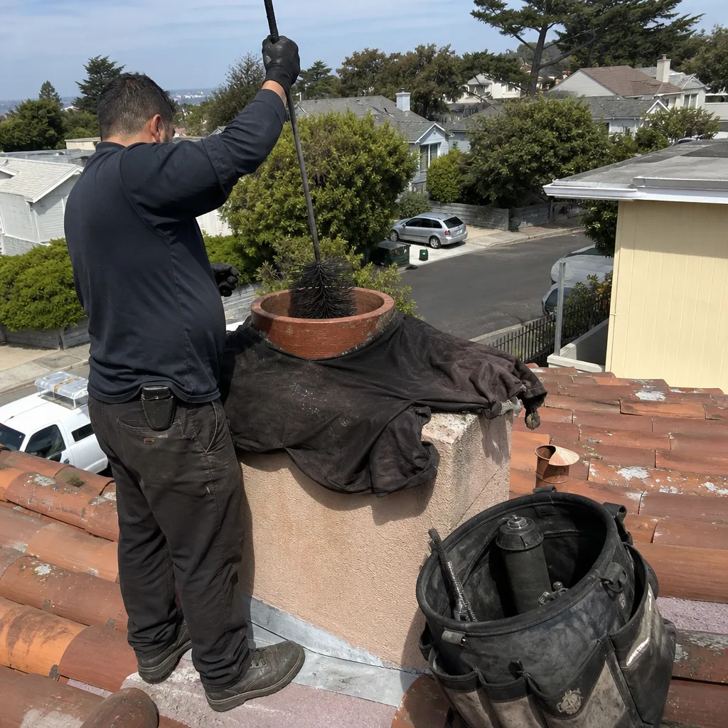 Professional chimney sweep cleaning a fireplace flue on a roof